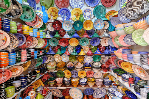 Colorful crafts shop with ceramic art on a traditional moroccan market in medina of Marrakech, Morocco in Africa © Andrii Vergeles