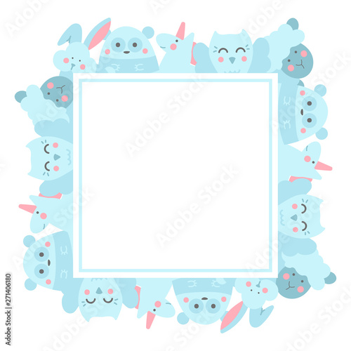 Frame template with doodle characters and copy space.