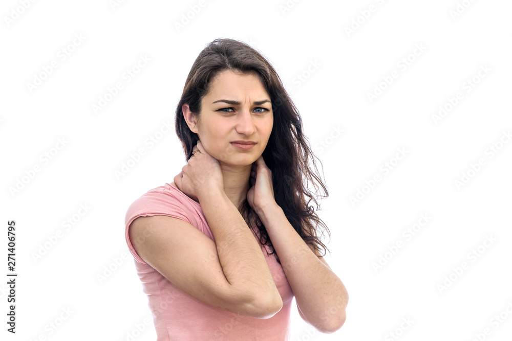 Woman filling ache in neck isolated on white Woman filling ache in neck isolated on white