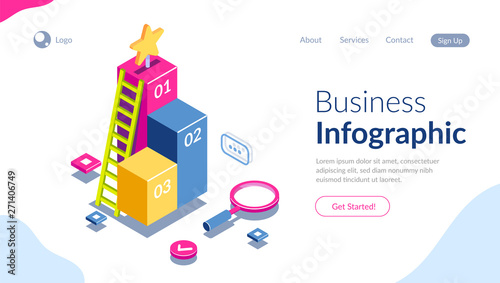 3d infographic for web template. Magnifying glass and ladder on a background of graphics. Can use for web banner, infographics, hero images. Flat isometric vector illustration.