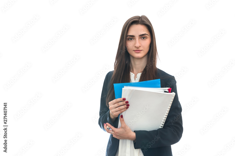 Woman in suit holding folder isolated on white Woman in suit holding folder isolated on white