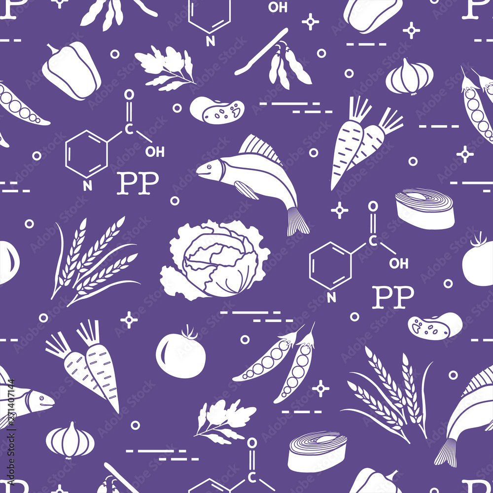Seamless pattern with foods rich in vitamin PP.
