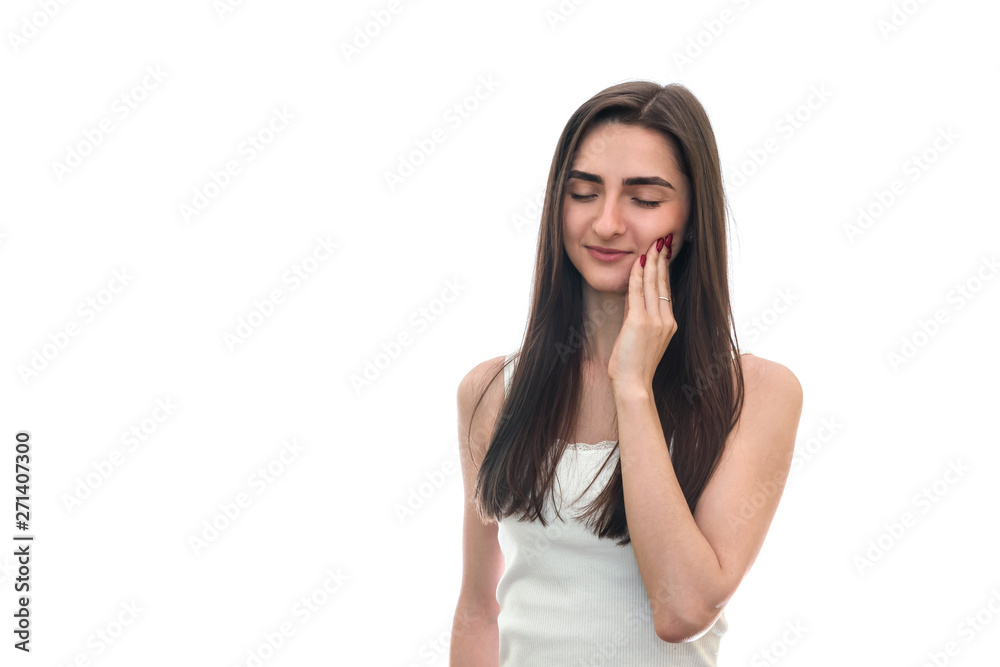 Woman with toothache isolated on white background