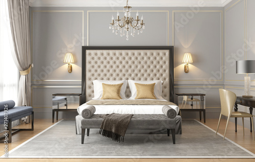 3d rendering of an elegant luxury grey beige Parisian bedroom photo