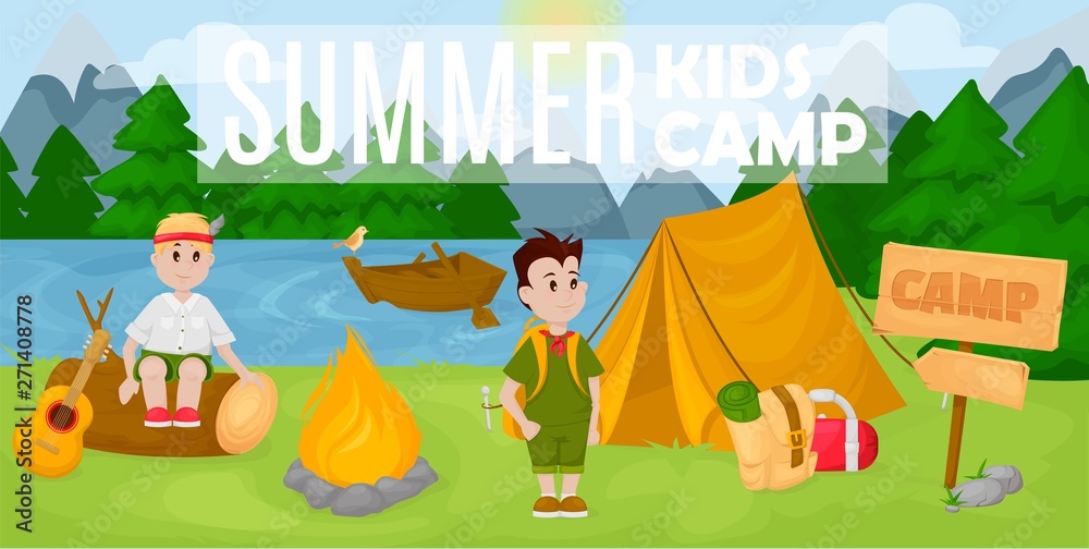 Fototapeta premium Summer kids camp poster scout vector illustration.