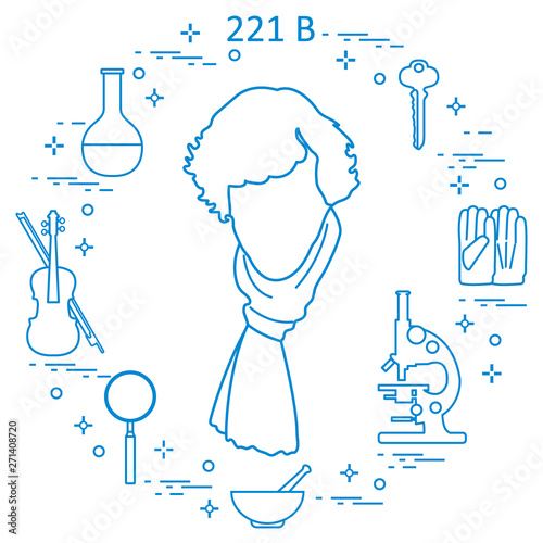 Private detective Sherlock Holmes with variety tools and equipment. The hero of the popular TV series.