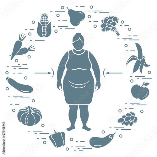 Fat woman with healthy food around her. Healthy eating habits.