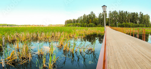 Summer landscape of lake and wooden foot bridge. Beautiful view of island, pedestrian walkway over water and sedge of marsh coast. Lake Chebarkul, South Ural, Russia.