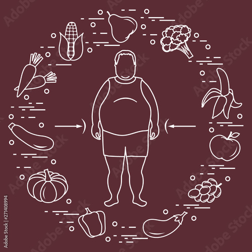 Fat man with healthy food around him. Healthy eating habits.