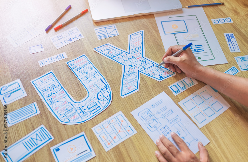 Fototapeta premium ux designer creative prototype Graphic planning application development for web mobile phone . User experience concept.