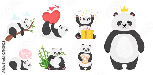 Fototapeta samoprzylepna Słodka panda nosi płaskie ilustracje wektorowe zestaw