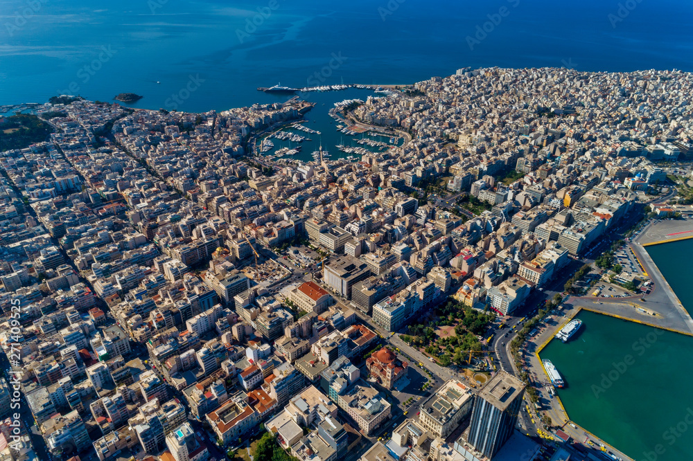 Aerial drone panoramic photo of Piraeus and Marina of Zea (pasalimani) in daylight, Attica, Greece.