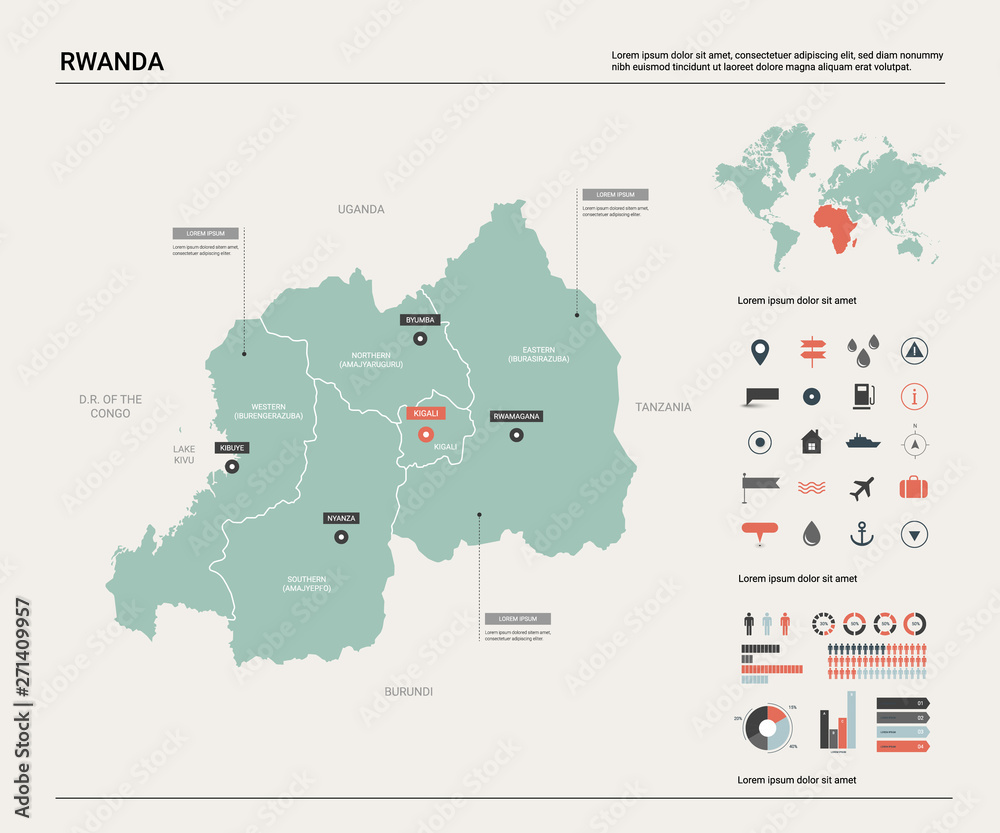 Vector map of Rwanda. Country map with division, cities and capital Kigali. Political map,  world map, infographic elements.