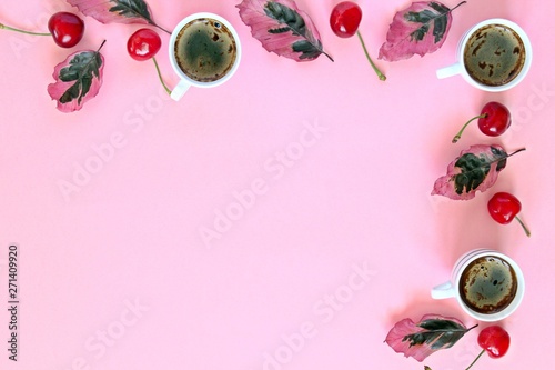 Coffee with fruits and follies on pink background. Top view with copy space. Flet lay style. Summer concept. photo