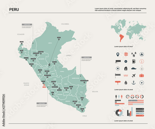 Vector map of Peru. Country map with division, cities and capital Lima. Political map, world map, infographic elements.