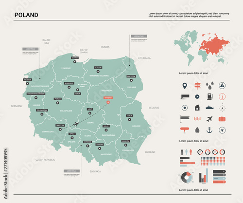 Fototapeta Naklejka Na Ścianę i Meble -  Vector map of Poland. Country map with division, cities and capital Warsaw. Political map,  world map, infographic elements.