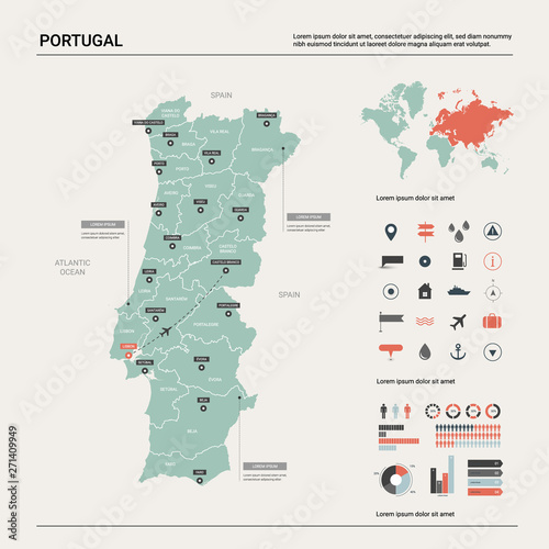 Vector map of Portugal. Country map with division, cities and capital Lisbon. Political map, world map, infographic elements.