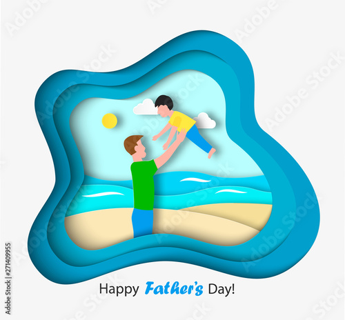 Father throws up in the air his son, Happy family on the summer beach. Happy Father's Day celebration concept. Paper cut out vector illustration - Vector