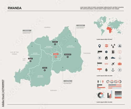 Vector map of Rwanda. Country map with division, cities and capital Kigali. Political map, world map, infographic elements.