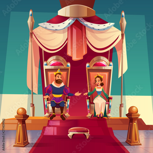 King and queen sitting on thrones in palace. Medieval royal family, monarchy husband and wife in gold crowns and luxury dressing, fairytale kingdom and history characters. Cartoon vector illustration