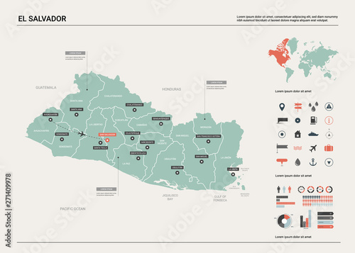 Vector map of El Salvador. Country map with division, cities and capital San Salvador. Political map, world map, infographic elements.