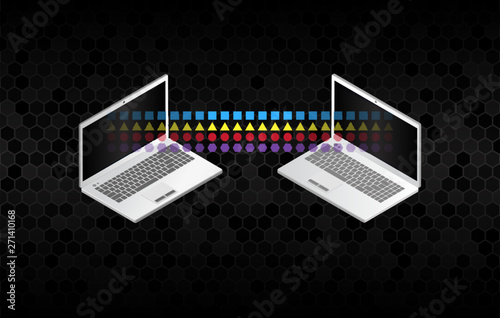 File sharing concepts. Isometric design elements on the black background. Two information transferring laptops. Abstract data transfer vector illustration.
