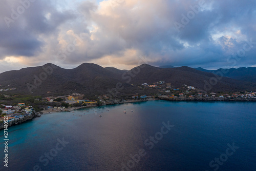 Aerial view at sunrise over Playa Kalki  Playa Grandi and Playa Forti  located in Westpunt at the western side of Cura  ao   Caribbean   Dutch Antilles