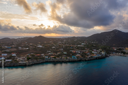 Aerial view at sunrise over Playa Kalki, Playa Grandi and Playa Forti, located in Westpunt at the western side of Curaçao / Caribbean / Dutch Antilles © NaturePicsFilms