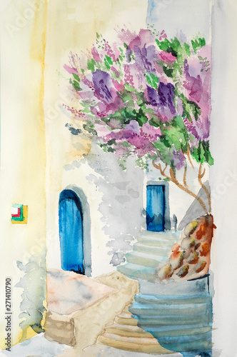 Watercolor drawing and painting of grecce village photo