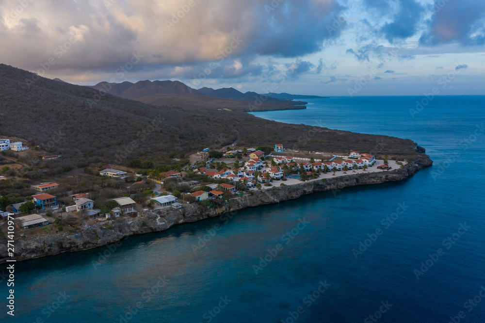 Aerial view at sunrise over Playa Kalki, Playa Grandi and Playa Forti, located in Westpunt at the western side of Curaçao / Caribbean / Dutch Antilles