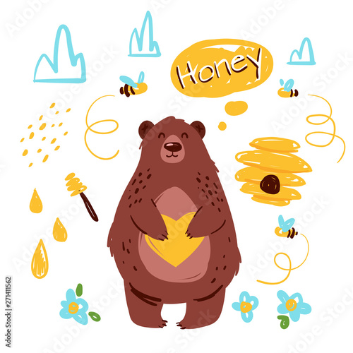 Bear with honey hand drawn vector illustration