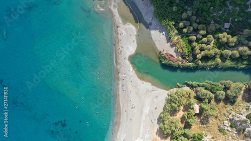 Aerial drone view of Mediterranean paradise river with palm trees flowing to sandy deep turquoise beach © aerial-drone