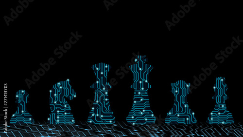 Abstract background of digital ai leadership strategy innovation planning. Plan for future business competition using blue chess set King , queen and horse to present business war game concept