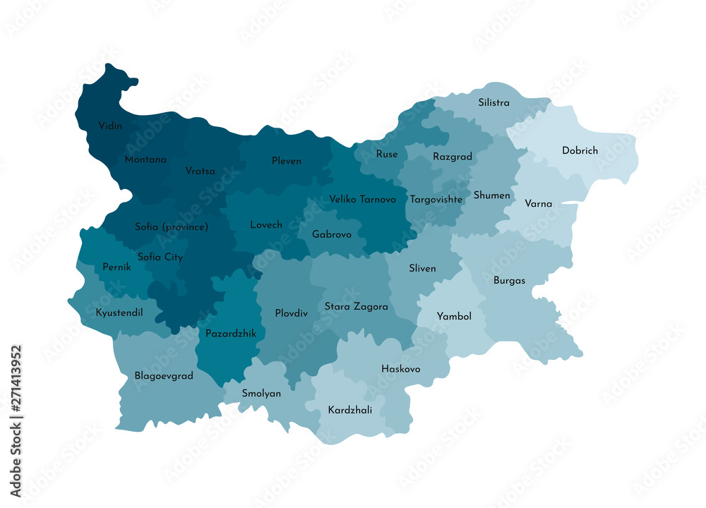 Vector isolated illustration of simplified administrative map of Bulgaria. Borders and names of the regions. Colorful blue khaki silhouettes