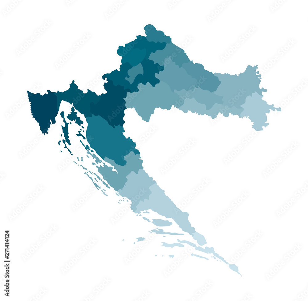 Vector isolated illustration of simplified administrative map of Croatia. Borders of the regions. Colorful blue khaki silhouettes