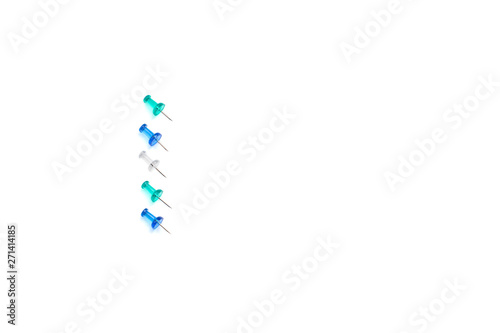 Blue  turquoise and transparent buttons are beautifully laid out in a row on a white isolated background. Top view  with space for text.