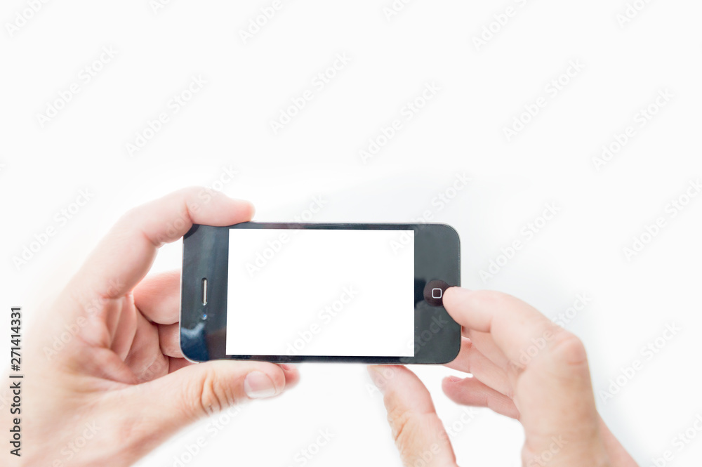 hand touching phone mobile screen isolated on white hand touching phone mobile screen isolated on white