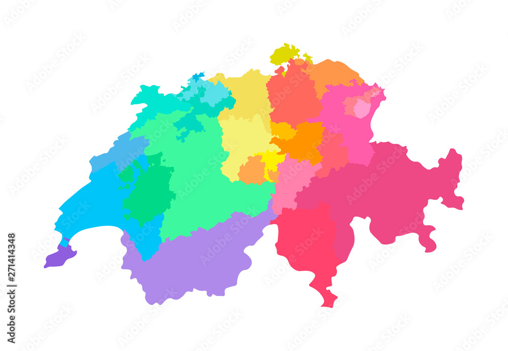Vector isolated illustration of simplified administrative map of Switzerland. Borders of the regions. Multi colored silhouettes