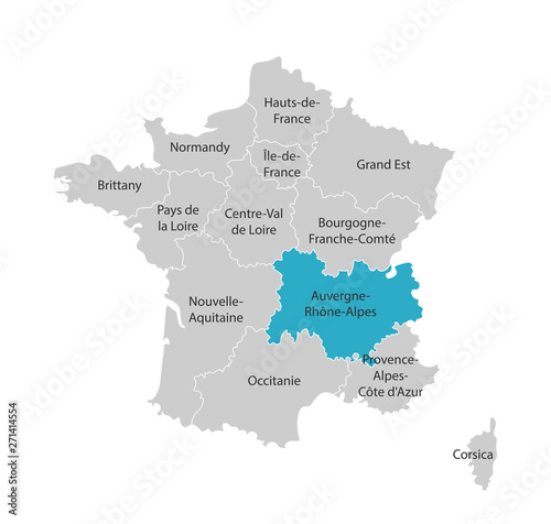 Vector isolated illustration of simplified administrative map of France. Blue shape of Auvergne-Rhône-Alpes. Borders of the provinces (regions). Grey silhouettes. White outline