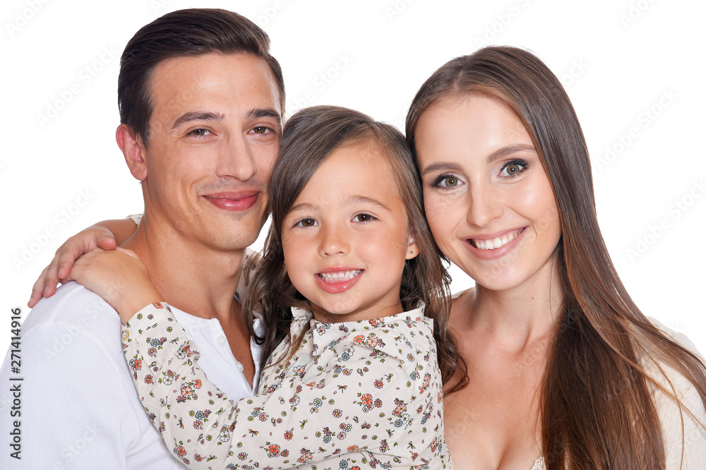 Happy family of three on white background 