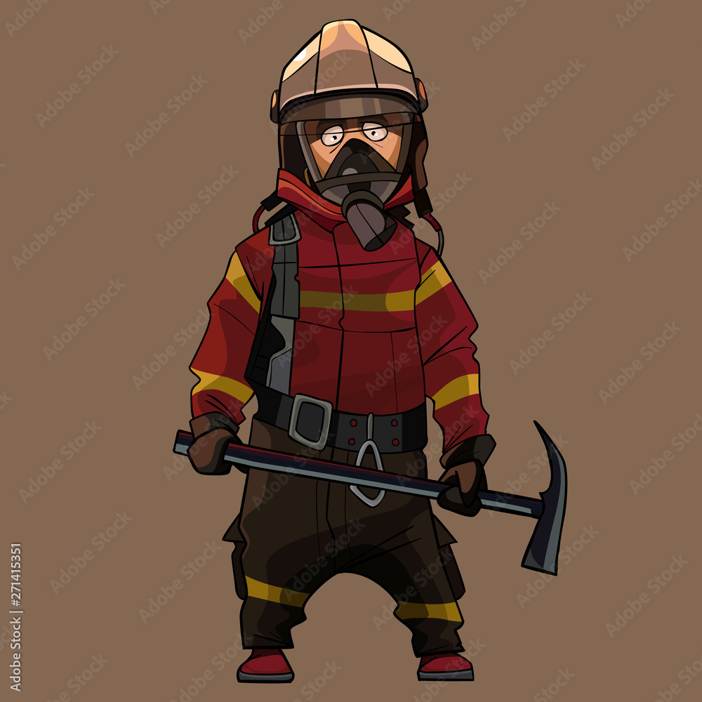 Naklejka premium cartoon firefighter in uniform with pick in hands