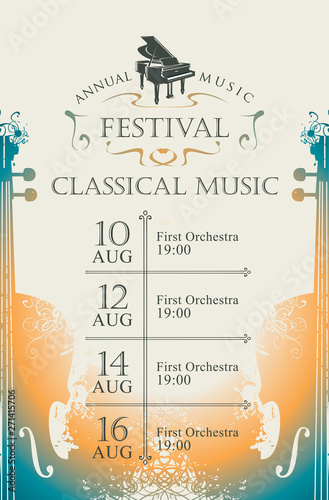 Vector poster for the annual festival of classical music with violins and grand piano on a light background in retro style