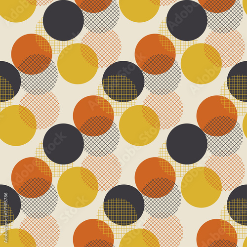 Geometric circle dot seamless pattern vector illustration in retro 60s style. Vintage 1970s ball shapes abstract motif in hot orange and yellow colors for carpet, wrapping paper, fabric, background..