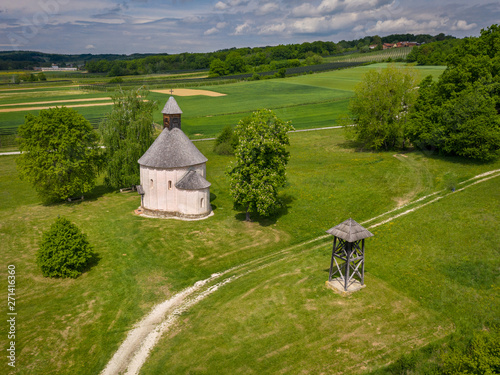 Saint Nicholas and Virgin Mary rotunda and wooden belfry - aerial view photo