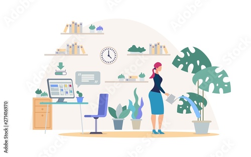 Watering Plants in Office Flat Vector Concept