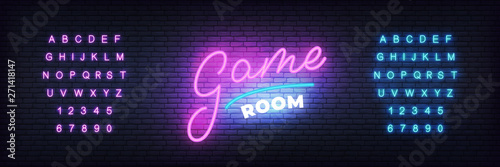 Game room neon template. Glowing lettering for gamer club.