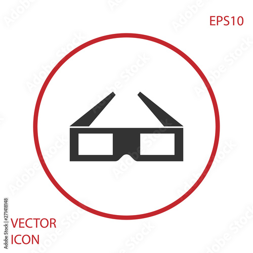 Grey 3D cinema glasses icon isolated on white background. Red circle button. Vector Illustration