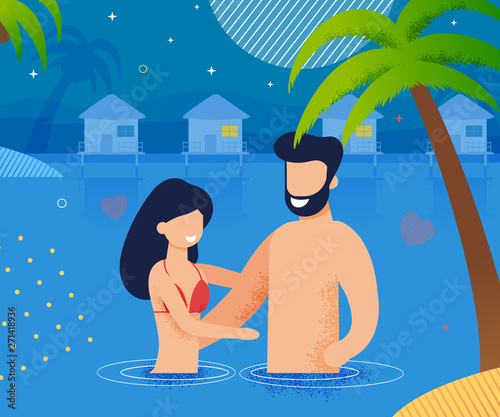 Couple in Love Swimming in Ocean at Night Cartoon