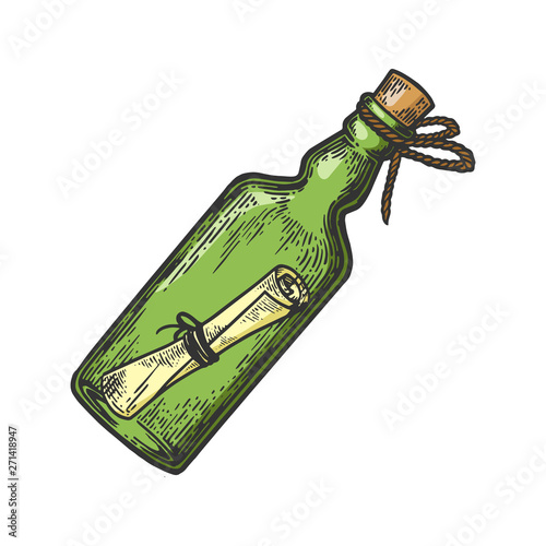 Message in a bottle color sketch engraving vector illustration. Scratch board style imitation. Hand drawn image.