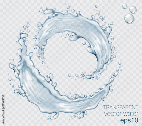 Transparent vector water splash and wave on light background